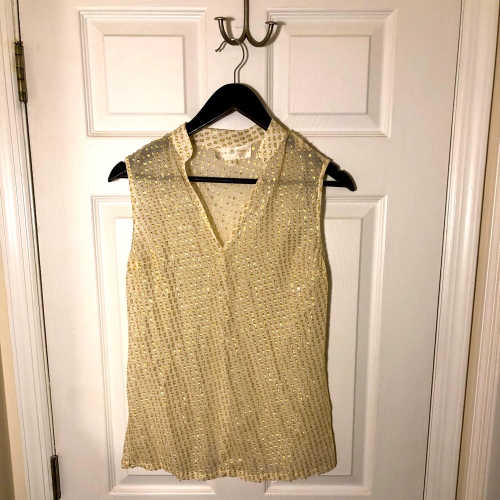 Julie Brown, gold filigree style sheer top with shapely v-neck and fitted waist